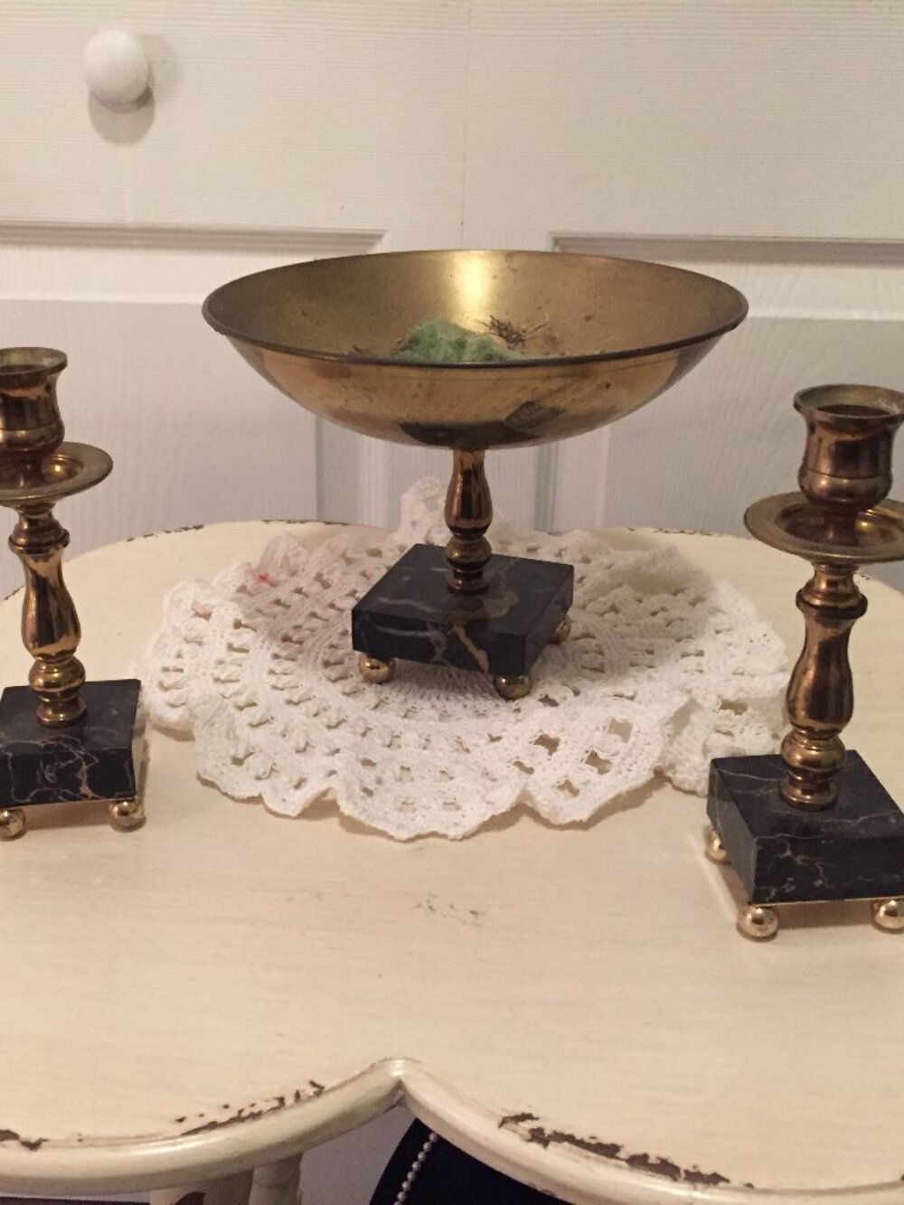 Vintage Brass Compote Bowl W/Matching Candlesticks Marble Base MCM 6"